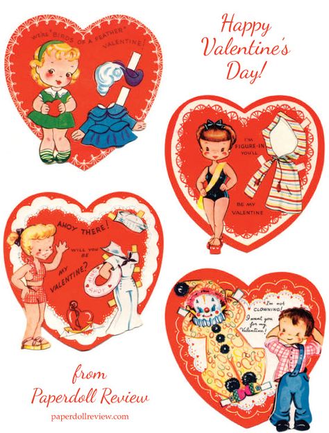 Free Printable Retro Paper Doll Valentines Kitschy Valentines, Free Vintage Valentines Printables, Retro Valentine Cards, Vintage Valentine Crafts, Valentine Tablescape, Valentines Vintage, Valentines Candy, Valentine Printables, Valentine Vintage