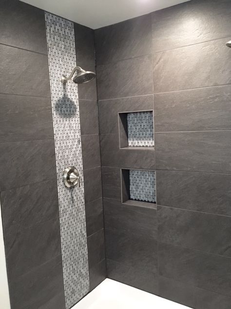 Washrooms Tiles Ideas, Tile Mix And Match, Bathroom Waterfall Tile Design, Bathroom Shower Waterfall, Walk In Shower Designs Tile Modern, Waterfall In Shower Tile, Showers With Pebble Floors River Rocks, Shower Accent Tiles, Waterfall Shower Bathroom Tile