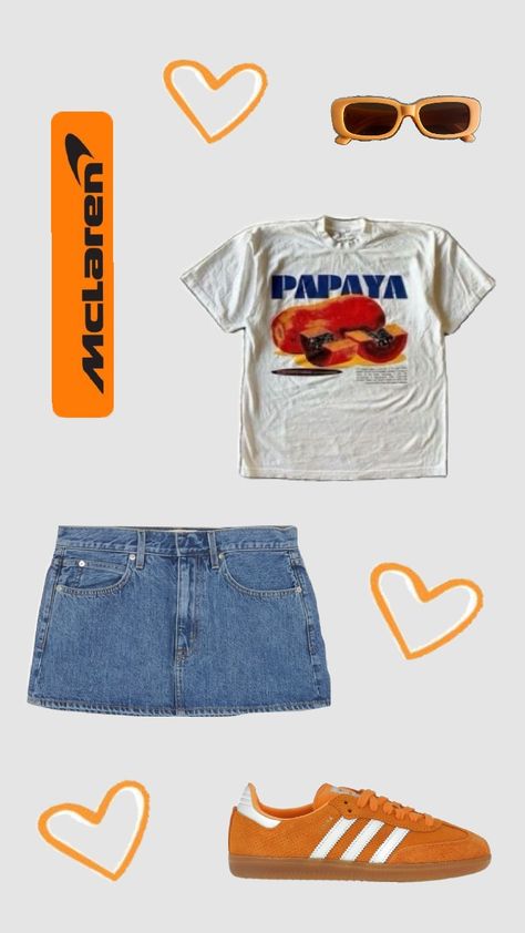 outfit #papaya #orange #McLaren #hearts #sunglasses #outfits #clothes Papaya Outfits, Mclaren Outfit, Mclaren Girl, Grand Prix Outfit, F1 Outfit, Orange Mclaren, Race Outfit, Outfit Pieces, Race Day Outfits