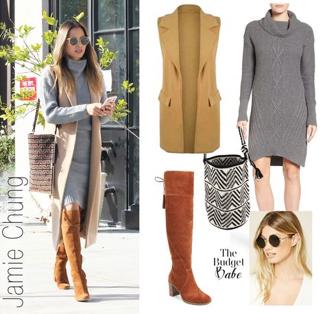 Recreate Jamie Chung's grey sweaterdress and camel vest look for less. Gray Sweater Dress Outfit, Winter Outfits Casual Comfy, Grey Dress Outfit, Dress With Vest, How To Wear White Jeans, Knit Sweater Outfit, Jamie Chung, Sweater Dress Outfit, Winter Skirt Outfit