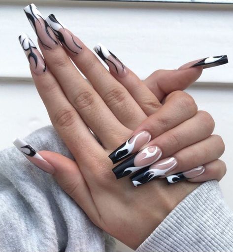 Black Nails With White Swirls, Nail Design White And Black, French Manicure Designs Black And White, Long Square Acrylic Nails Black And White, Black And White Nail Designs French Tips, Black And White Nails 2023, Black And White French Tip Acrylic Nails, Black And White Graphic Nails, Black And White Nails Medium Length