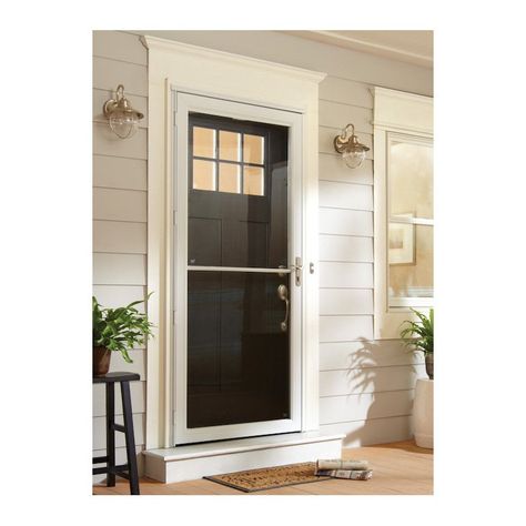 6 Series Retractable Screen White Storm Door, Door Remodel, Aluminum Storm Doors, Door Sidelights, Glass Storm Doors, Barndominium Plans, Storm Doors, Green Exterior, Retractable Screen