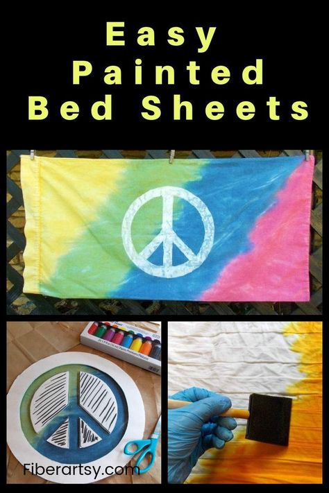 image collage of painting a pillowcase with a peace sign Tie Dye Comforter Diy, Hippie Bed, Fabric Spray Paint, Tye Dye Patterns, Hippie Bedding, Diy Tapestry, Canvas Canopy, Canopy Bed Frame, Diy Bed Sheets