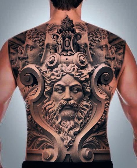 Greek Mythology Back Tattoo, Greek Back Tattoo, Fullback Tattoo, Dragon Tattoo Styles, Full Back Tattoo, Chicano Tattoos Sleeve, Zeus Tattoo, Throat Tattoo, Last Kingdom