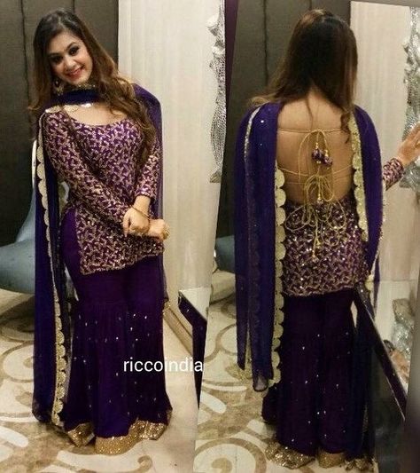 Purple sharara suit with backless detail Backless Sharara Suits, Backless Salwar Suit, Backless Suit Designs, Purple Suit Women Indian, Purple Sharara Suit, Backless Kurti, Purple Sharara, Backless Suit, Kurti Back Neck Designs