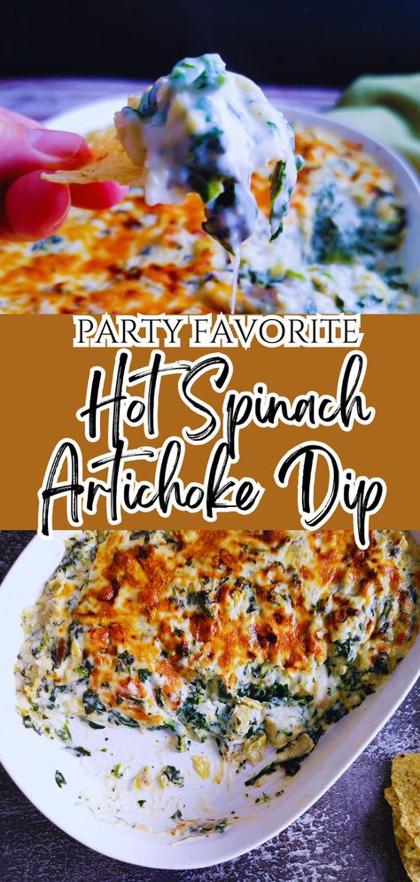 Hot Spinach Artichoke Dip is the ultimate party favorite! This creamy, cheesy appetizer combines spinach, artichokes, and a savory cheese blend, baked to bubbly perfection in the oven. Perfect for dipping crackers, bread, or veggies, it’s an irresistible addition to any gathering or game day spread! Applebee's Spinach Artichoke Dip, Hot Spinach Artichoke Dip, Cheesy Appetizer, Vegetable Sticks, Savory Cheese, Appetizers Easy Finger Food, Finger Foods Easy, Sliced Baguette, Spinach Artichoke Dip