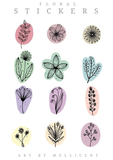 Floral Printables Free, Diy Flower Stickers, Scrapbook Flower Stickers Printable, Floral Stickers Free Printable, Simple Sticker Ideas, Cute Simple Stickers, Floral Stickers Printable, Aesthetic Flower Stickers Printable, Floral Doodle Art