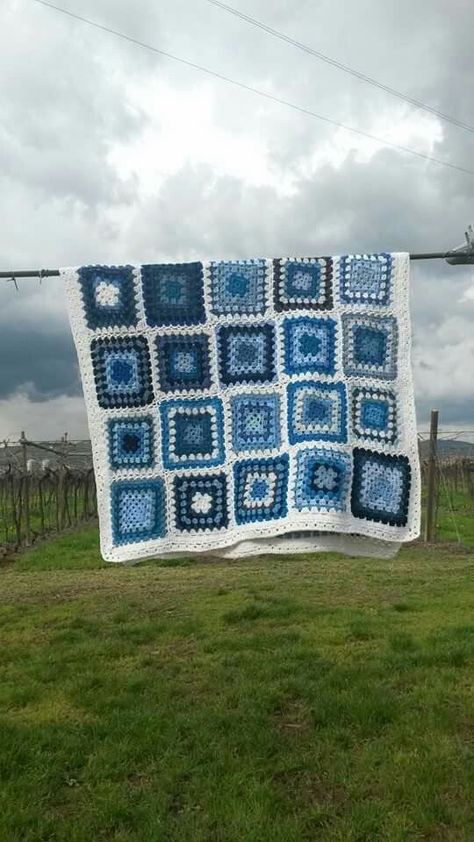 Graceful Crochet: Elegant Blanket Creations Blue White Granny Square, Blue Crochet Blankets, Light Blue Crochet Blanket, Blue And White Granny Square Blanket, Blue And White Granny Square, Granny Square Blanket Blue, Blue And White Crochet Blanket, Crochet Blanket Aesthetic, Blue Granny Square Blanket