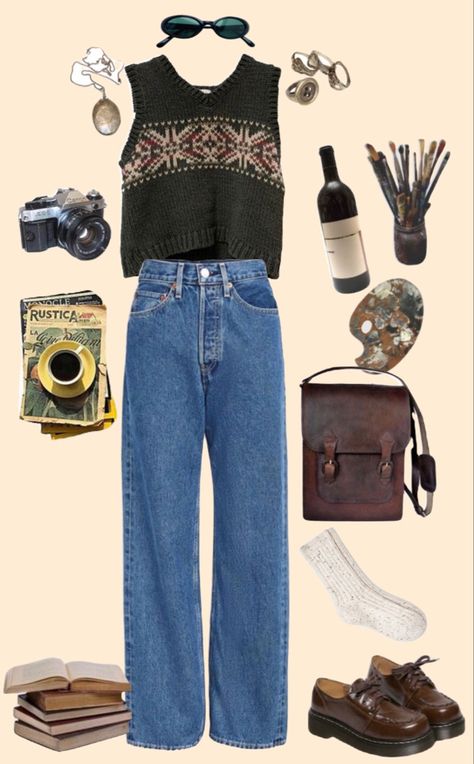 How To Style Vintage Jeans, Winter Fits Vintage, Indie Winter Fits, Vintage Lookbook Outfits, Thrifted Outfits Vintage, Vintage Outfits Ideas, Vintage Fall Outfits, Winter Indie Outfits, Outfit Mood Board