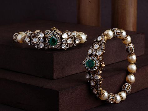 Nakshi Kada Designs, Victorian Antique Gold Bracelets For Wedding, Luxury Victorian Bangle For Wedding, Gold Temple Jewelry Pearl Bangle Bracelet, Luxury Temple Jewelry Bangle With Cutdana, Antique Pearl Bangles Gold, Polki Kada, Pearl Bangles Gold, Luxurious Women