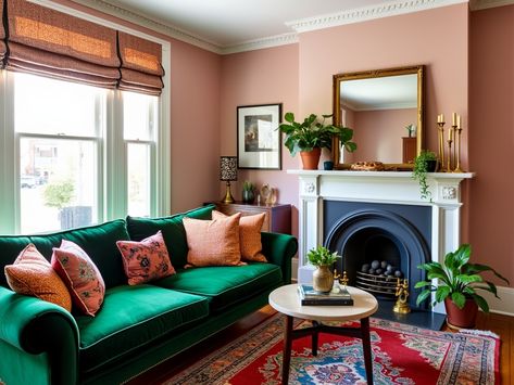 Transform your living space with this stunning eclectic living room! ✨ Featuring a luxurious emerald green velvet sofa paired with colorful patterned throw pillows, this design exudes personality and comfort. The soft blush pink walls create a warm backdrop, while the vintage Persian rug adds a touch of elegance. Enhance the ambiance with a fireplace mantel adorned with brass candlesticks and lush potted plants, complemented by a bold oversized mirror that reflects light beautifully. 🪴 #LivingRoomDecor #HomeInspiration Pink Green Living Room, Emerald Green Velvet Sofa, Blush Pink Walls, Pink And Green Living Room, Pink Living Room Walls, Emerald Green Sofa, Luxurious Penthouse, Emerald Green Velvet, Eclectic Living