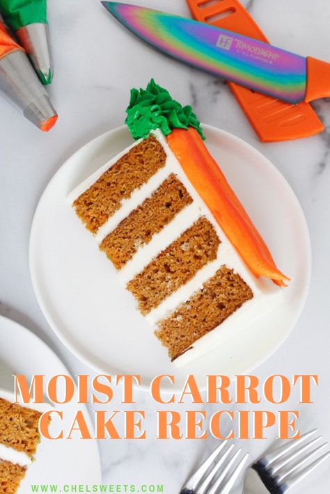 The moistest carrot cake recipe! This cake is packed with flavor, and is nut-free!! It also can be made in one-bowl, without a stand mixer!! The full recipe (with cream cheese frosting) is up on chelsweets.com #eastercake #eastercakrecipe #springcakeideas #carrotcakerecipe #moistcarrotcake #nutfreecarrotcake Moist Carrot Cake, Cream Cheese Buttercream Frosting, Recipe With Cream Cheese, Moist Cake Recipe, Carrot Cakes, Buckwheat Cake, Moist Carrot Cakes, Cream Cheese Buttercream, Spring Cake