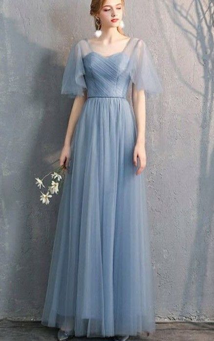 Sky Blue Wedding Theme Bridesmaid Dress, Blue Frocks For Women, Bridesmaid Dresses Dusty Blue, Gown Ideas, Color Outfits, Lace Dress Design, Baby Blue Dresses, Dusty Blue Bridesmaid Dresses, Long Frocks