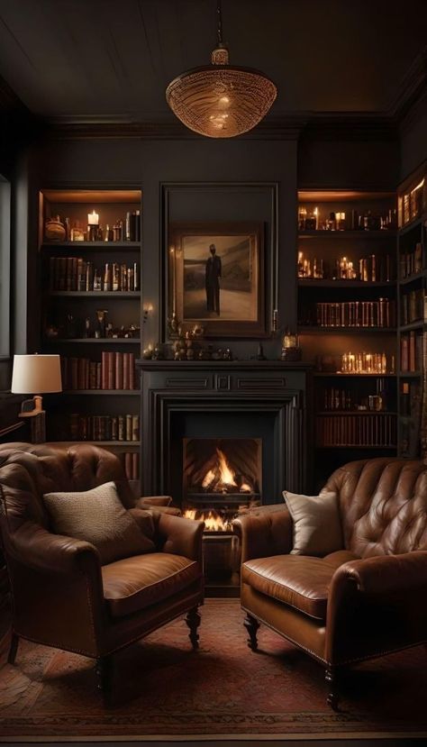 Masculine Centerpieces, Dark Academia Interior, Masculine Bathroom, Black Interior Design, Dark Academia Decor, Home Library Design, Design Salon, Ideas For Decorating, Dark Home