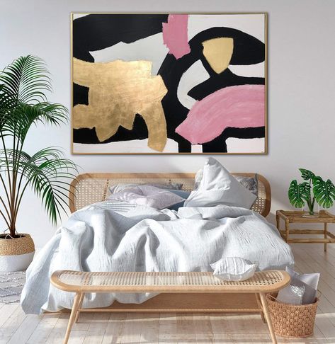 Large Abstract Colorful Paintings On Canvas In Pink, Gold, Black And White Colors Original Gold Leaf 30x40 Textured Artwork | HEART SOUNDS - Trend Gallery Art | Original Abstract Paintings Wall Decor Above Bed, Decor Above Bed, Modern Room Decor, Woman Bedroom, Farmhouse Bedroom Decor, Boho Bedroom Decor, Décor Boho, Bedroom Prints, Boho Dekor