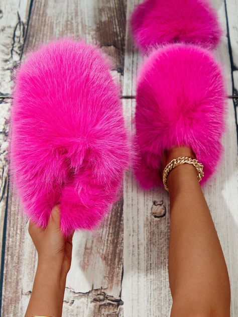 Women's Plush Slippers With Indoor Non-Slip Sole And Warm Faux Fur, Fashionable Faux Fur Half-Covered Slippers For Outdoor, Large Size Available Hot Pink Funky    Plain,Striped    Women Shoes, size features are:Bust: ,Length: ,Sleeve Length: Indoor Slide, Indoor Slides, Comfy Pjs, Plush Slippers, Pearl Shop, Comfy Clothes, Christmas 2024, 2024 Fashion, Accessories Rings