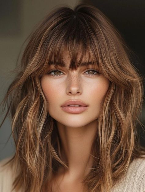 Haircut Long Hair With Bangs, Brown Hair With Highlights And Bangs, Shoulder Length Haircuts With Bangs, Medium Choppy Haircuts, Medium Length Haircut With Bangs, Balayage Brunette To Blonde, Medium Length Hair Bangs, Butterfly Bangs, Medium Haircuts With Bangs