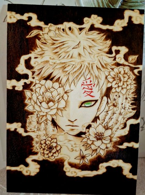 Gaara - (Naruto) pyrography #gaara #naruto #anime #pyrography #woodburning #handmade #unique #etsy Anime Wood Burning, Pyrography Anime, Pyrography Art, Naruto Anime, Pyrography, Wood Burning, Lion Sculpture, Naruto, Statue