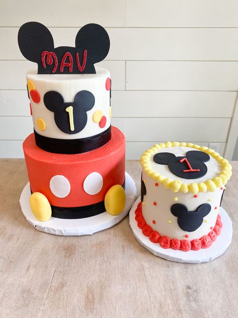 Two Tier Mickey Mouse Cake, Mickey Mouse Cake And Smash Cake, Mickey Mouse Smash Cake First Birthdays, Mickey First Birthday Cake, Mickey Mouse Clubhouse Smash Cake, Simple Mickey Mouse Cake, Toodles Cake, Mickey Mouse First Birthday Cake, Mickey Smash Cake