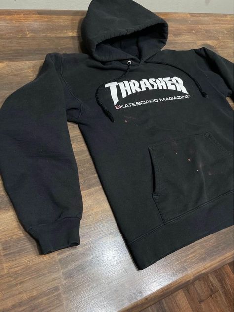 Black Thrasher Magazine Hoodie. Size is unisex Small. Used , with bleach spots on it. Would make a great tie-dye project. Fast shipping #thefoundshops #lexyscool #thrasher #hoodie Thrasher Sweatshirt, Huf Hoodie, Thrasher Flame, Thrasher Skate, Thrasher Hoodie, Hogwarts Outfits, Thrasher Magazine, Orange Hoodie, Skater Streetwear