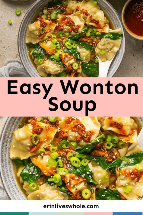 Learn how to make this quick and easy wonton soup. Its ingredients are humble yet powerful, including fresh aromatics, bright vegetables, and rich sesame oil. I know you’re going to love it. Simple Wonton Soup Recipe, Ww Wonton Soup, Easy Dumpling Soup, Easy Wonton Soup, Simple Soups, Tempeh Stir Fry, Wonton Soup Recipe, Quick Soup Recipes, Clean Eating Chicken