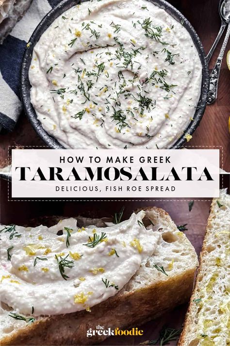 Taramosalata is one of the great Greek meze recipes. With ingredients like rich tarama (fish roe), extra virgin olive oil, bread, and lemons, it is creamy and delicious. The perfect representative of Lenten food, taramosalata is also enjoyed throughout the year. via @The Greek Foodie Taramosalata Recipe, Meze Recipes, Greek Meze, Fish Roe, Recipes With Ingredients, Olive Oil Bread, Creamy Salad Dressing, Condiment Recipes, Flavored Butter