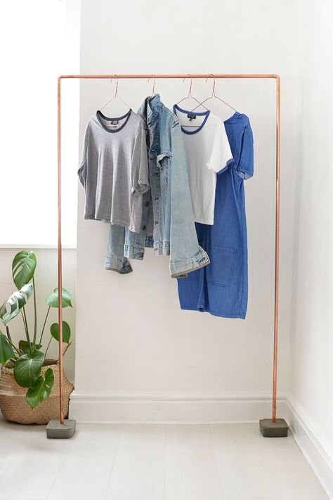 How to Make a Clothing Rack                                                                                                                                                                                 More Diy Clothes Rail, Copper Clothes Rail, Industrial Clothes Rail, Clothes Rack Design, 1st Photoshoot, Clothesline Diy, Dressing Ikea, Garderobe Diy, Garderobe Design