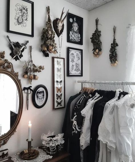 Gothic Bedroom With Plants, White Gothic Home Decor, Classy Goth Home Decor, Romantic Goth Aesthetic Room, Faux Door Ideas, Romantic Goth Decor, Light Goth Aesthetic, Punk Aesthetic Room, Dark Witchy Bedroom