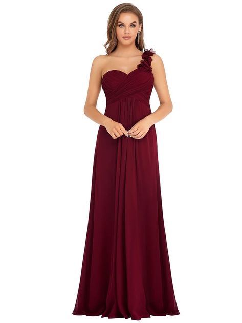 Flower One Shoulder Empire Waist Floor Length Bridesmaids Dress 09768 Off The Shoulder Bridesmaid Dresses, One Shoulder Bridesmaid, Beautiful Bridesmaid Dresses, Burgundy Bridesmaid Dresses, Pink Bridesmaid Dresses, Ever Pretty, Maxi Bridesmaid Dresses, Chiffon Evening Dresses, Chiffon Flowers