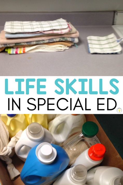 Do you teach life skills in your special education classroom? We used our instructional kitchen to work on basic functional life skills like putting away groceries, sorting silverware, and folding hand towels. These types of centers are such a perfect addition to your academic curriculum. #lifeskills #specialeducation Vocational Tasks, Life Skills Class, Life Skills Curriculum, Functional Life Skills, Life Skills Lessons, Vocational Skills, Life Skills Classroom, Teaching Life Skills, Special Education Activities