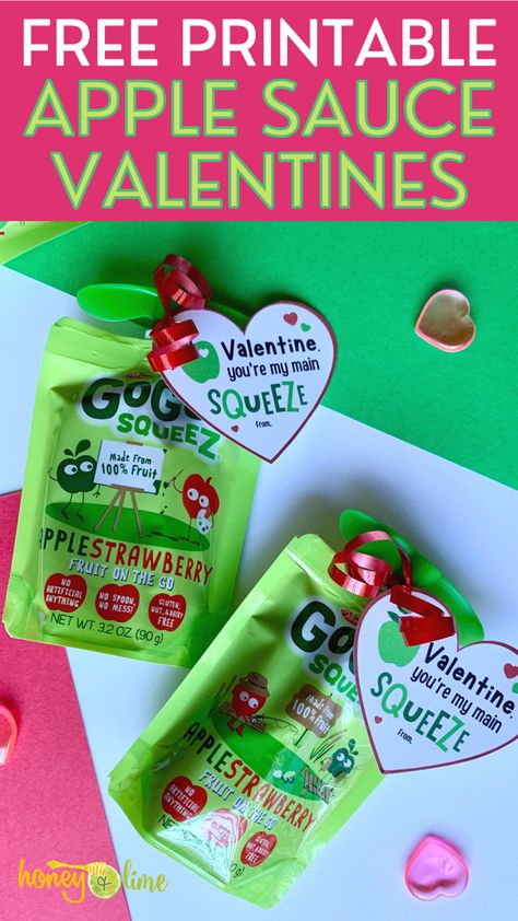 Toddler Valentines Day Gifts, Applesauce Pouch Valentines, Pouch Valentines, Applesauce Valentines, Healthy Valentines Treats, Valentines Tags, Cute Treats, Kids Valentine Party, Fruit Pouches