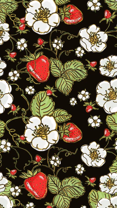 Dark Strawberry Wallpaper, Strawberry Lockscreen, Strawberry Iphone Wallpaper, Kaitlyn Rose, Strawberry Pictures, Dark Floral Pattern, Strawberry Wallpaper, Strawberry Background, Digitalart Aesthetic