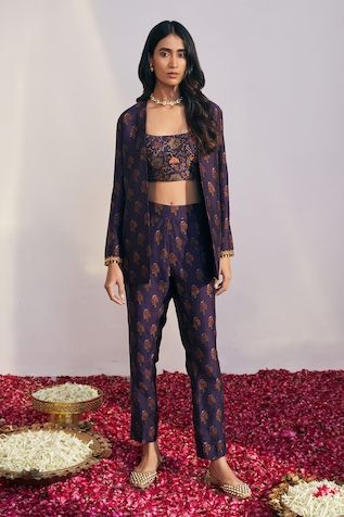 Buy Beige Linen Embroidered Applique Asymmetrical Color Block Blazer With Trouser For Women by Mini Sondhi Online at Aza Fashions. Purple Pantsuit, Stand Collar Top, Set Saree, Printed Jacket, Purple Pants, Shirt Pant Set, Dupion Silk, Top And Pants Set, Sharara Set