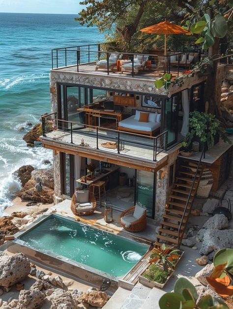 Beach House In Hawaii, Island House Design, Hawaii House Aesthetic, Island House Tropical, Beach Side House, Modern Eco House, Exterior Beach House, Hawaii Beach House, Industrial House Exterior