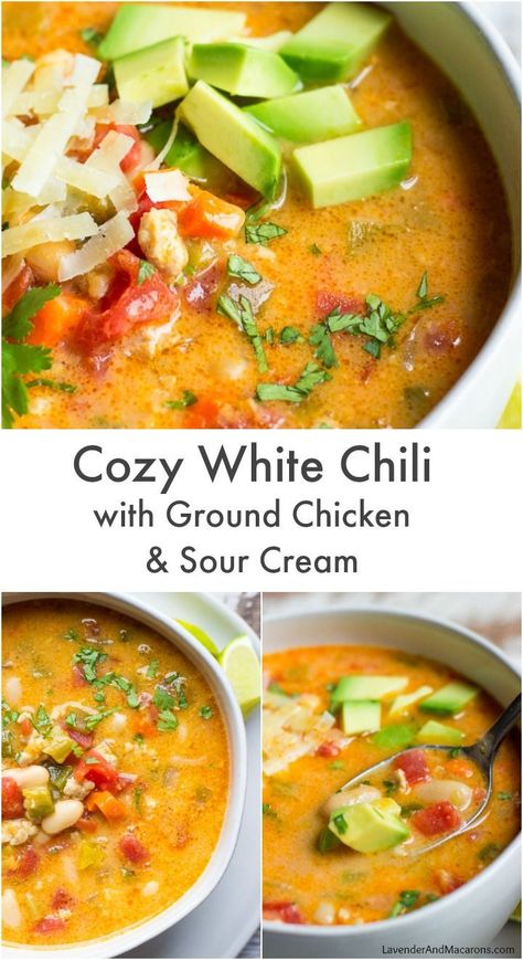 The BEST White Chicken Chili is right here. It features ground chicken, chiles, canned … | Ground chicken chili recipe, Chicken chili recipe, Ground chicken recipes