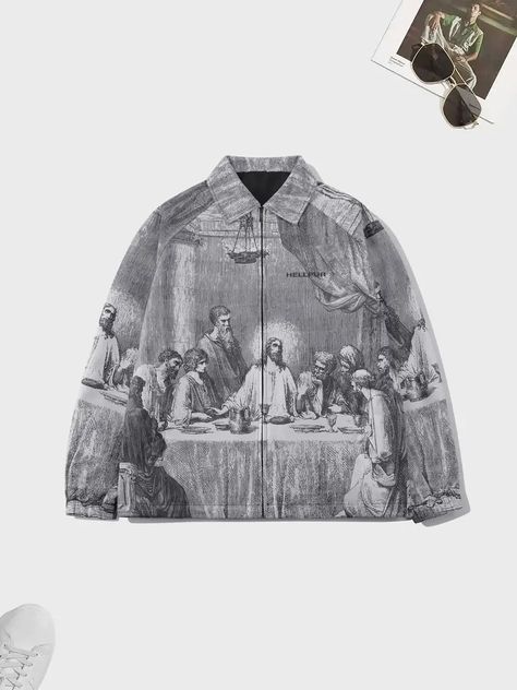 The Last Supper Print Retro Vintage Jacket Mens Casual Zip Up Jacket Coat College Hipster Windbreaker For Spring Fall - Men's Clothing - Temu Fall Street Wear, Raglan Sleeve Jacket, Lapel Jacket, Last Supper, Jacket Pattern, Khaki Color, Print Jacket, Long Sleeves Jacket, Sports Jacket