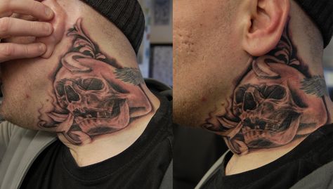 Black and Grey Skull Neck Tattoo Neck Side Tattoo, Skull Neck Tattoo, Side Tattoos, Neck Tattoo, Skull Tattoo, Tattoo Designs, Black And Grey, Human Body, Human