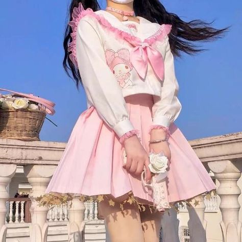 My Melody Inspired Outfit, Pink Kawaii Outfits, Sanrio Fits, Melody Outfit, My Melody Outfit, Cute Pastel Outfits, Kuromi Outfit, Sanrio Clothes, Cute Kawaii Outfits