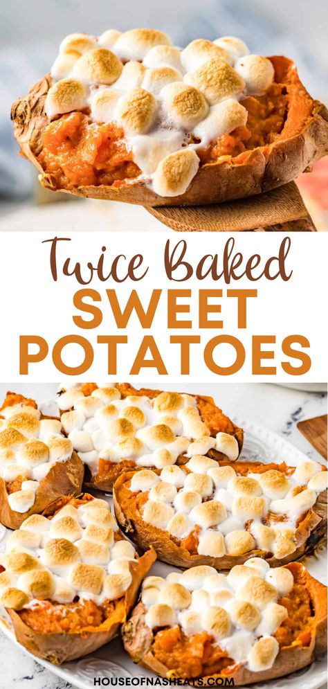 Rather than making an entire sweet potato casserole this year, why not try a fun presentation with these easy Twice Baked Sweet Potatoes! Topped with toasted marshmallows and filled with creamy, buttery yams, these are perfect for your Thanksgiving, Christmas, or Easter dinner, or any night when you are craving a delicious and unique side! | twice baked sweet potatoes thanksgiving | twice baked sweet potato recipes | twice baked sweet potatoes with marshmallows Yam With Marshmallows Recipe, Sweet Potato Twice Baked, Fresh Yams With Marshmallows, Baked Sweet Potato With Marshmallows, Twice Baked Sweet Potato Recipes, Baked Sweet Potatoes With Marshmallows, Sweet Potatoes Thanksgiving, Baked Sweet Potato Recipes, Twice Baked Sweet Potato