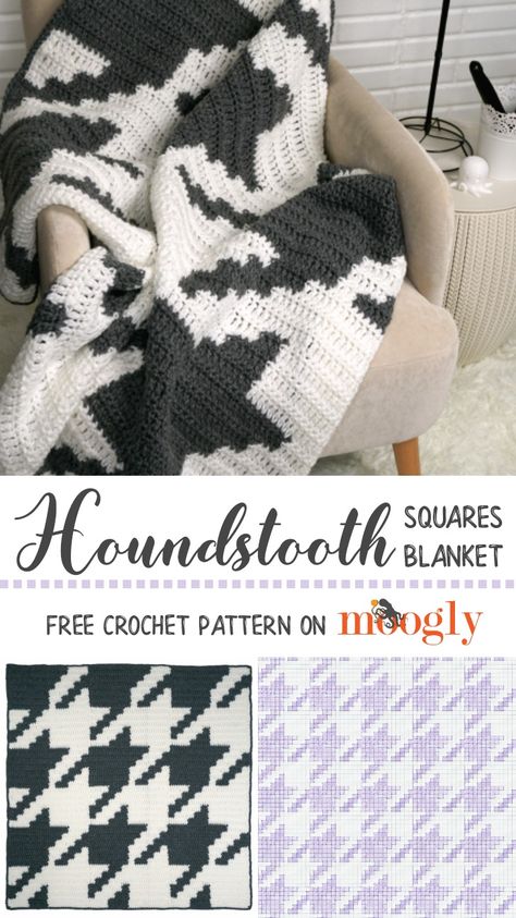 Houndstooth Squares Blanket - free crochet pattern on Moogly featuring Red Heart Comfort Chunky! Houndstooth Crochet Pattern Free, Crochet Houndstooth Pattern, Houndstooth Crochet, Crochet Borders For Blankets, Houndstooth Blanket, Granny Square Häkelanleitung, Squares Blanket, Chunky Crochet Blanket, Crochet Afghan Patterns Free