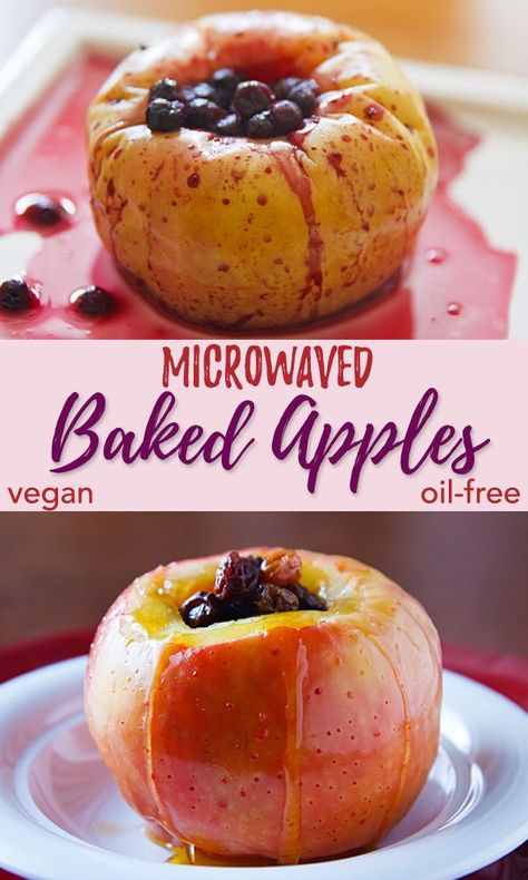 Microwaved Baked Apples Two Ways: You can make an easy, no-fat, vegan dessert in minutes in your microwave using apples and your choice of blueberries or raisins as filling. Microwave Baked Apples, Microwave Apples, Dessert For Fall, Microwave Baking, Yummy Cheesecake, Oil Free Vegan, Dessert Options, Vegan Kitchen, Microwave Recipes