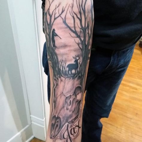 Mens Deer Tattoo Designs Forearm Pics Of Deer, Deer Tattoos For Men, Outdoor Tattoo Ideas, Deer Antler Tattoos, Baby Deer Tattoo, Deer Hunting Tattoos, Deer Tattoos, Antler Tattoos, Deer Head Tattoo