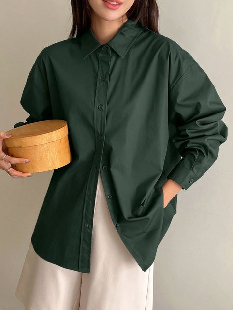 Dark Green Casual Collar Long Sleeve Fabric Plain Shirt Embellished Non-Stretch Spring/Fall Women Clothing Brown Baggy Shirt Outfit, Brown Oversized Shirt Outfit, Brown Button Up, Brown Shirt Outfits Women, Brown Shirt Outfit Aesthetic, Brown Button Down Shirt Outfit, Brown Shirt For Women, Brown Button Up Shirt Outfit, Oversize Shirts For Women