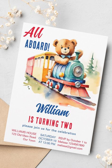 Train toddler birthday party template invitation cute teddy bear driving a vintage toy train Teddy Bear Birthday Party, Train Invitation, Birthday Party Template, Teddy Bear Baby Shower Invitations, Teddy Bear Party, Teddy Bear Birthday, Toddler Birthday Party, Template Invitation, Trains Birthday Party