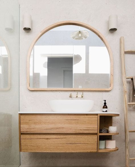 Loughlin Furniture on Instagram: “Our Marley Curved Vanity, but with a twist!👌🏼 One-sided curved shelving feature, our Marley Curved Vanity in the @mayclay_ceramics project…” Arch Mirror Bathroom, Curved Vanity, Timber Vanity, Hotel Room Design, Diy Vanity, Vanity Design, Arch Mirror, Upstairs Bathrooms, Bathroom Inspo