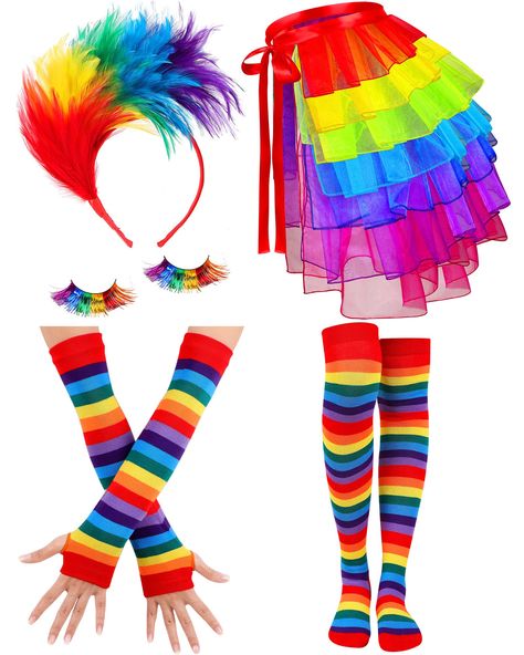 PRICES MAY VARY. Complete Set: you will get 1 rainbow ruffle skirt, 1 pair of colorful eyelashes, 1 feather rainbow headband, 1 pair of rainbow stockings, and 1 pair of fingerless gloves, ideal for pride party use and parade use Trusty Materials: tutu skirt adopts mesh material, gloves and socks are made of acrylic cotton, headband adopts dyed real feather, synthetic eyelashes are reliable and not easy to fade; You can use them with confidence Proper Size: rainbow skirt for women is ideal for mo Rainbow Witch Hat, Rainbow Eyelashes, Candyland Costume, Colorful Eyelashes, Rainbow Costume, Feather Eyelashes, Rainbow Costumes, Halloween Rainbow, Tutu Women