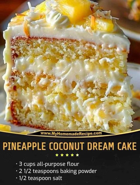 super old recipes | Pineapple Coconut Dream Cake 🍍🥥🍰 | Facebook Pineapple Dream Cake, Pineapple Coconut Cake, Coconut Pineapple Cake, Recipes Pineapple, Pineapple Cake Recipe, Coconut Cream Cake, Pineapple Dessert Recipes, Pineapple Desserts, Coconut Cake Recipe