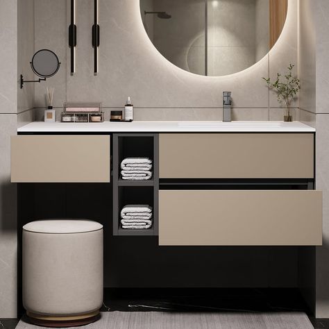 Elevate your bathroom with this sleek 1000mm floating vanity set in Khaki. Featuring a makeup counter, hidden drawers, and ample storage, this multifunctional piece combines style and functionality seamlessly. Washbasin Cabinet, Bathroom Sink Units, Bathroom Layouts, Bathroom Vanity Designs, Floating Bathroom Vanity, Vanity Design, Bathroom Units, Floating Vanity, Bathroom Vanity Units