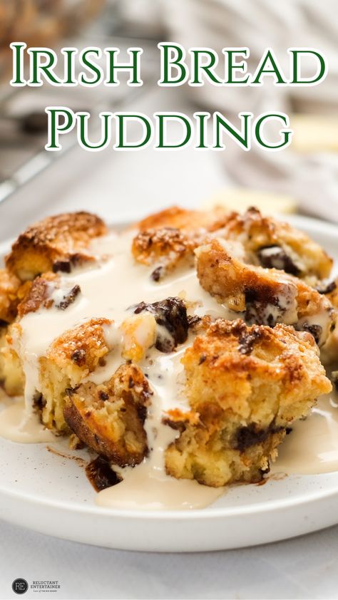 This Irish Bread Pudding is so easy to make with French bread, and white and dark chocolate. Serve with a wawrm cream sauce drizzled on top! Irish Bread Pudding, Bread Items, Traditional Bread Pudding, Bread Pudding Dessert, White Chocolate Bread Pudding, Irish Bread, Irish Desserts, Bread Pudding Easy, Cream Bread