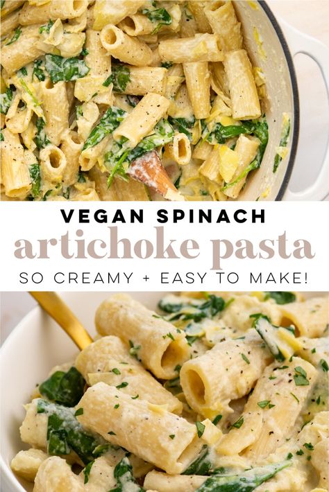 Vegan Spinach Artichoke Lasagna, Artichoke Heart Recipes Vegan, Vegan Alfredo Recipe, Spinach Artichoke Pasta Vegan, Vegan Creamy Spinach Pasta, Artichoke Heart Pasta Recipes, Vegan Artichoke Heart Recipes, Wfpb Pasta Recipes, Vegan Spagetti Recipe